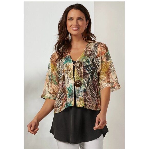 Soft Surroundings Cropped Cardigan Sweater Small Tropical Leaf Mesh-Weave Pink - Picture 2 of 11